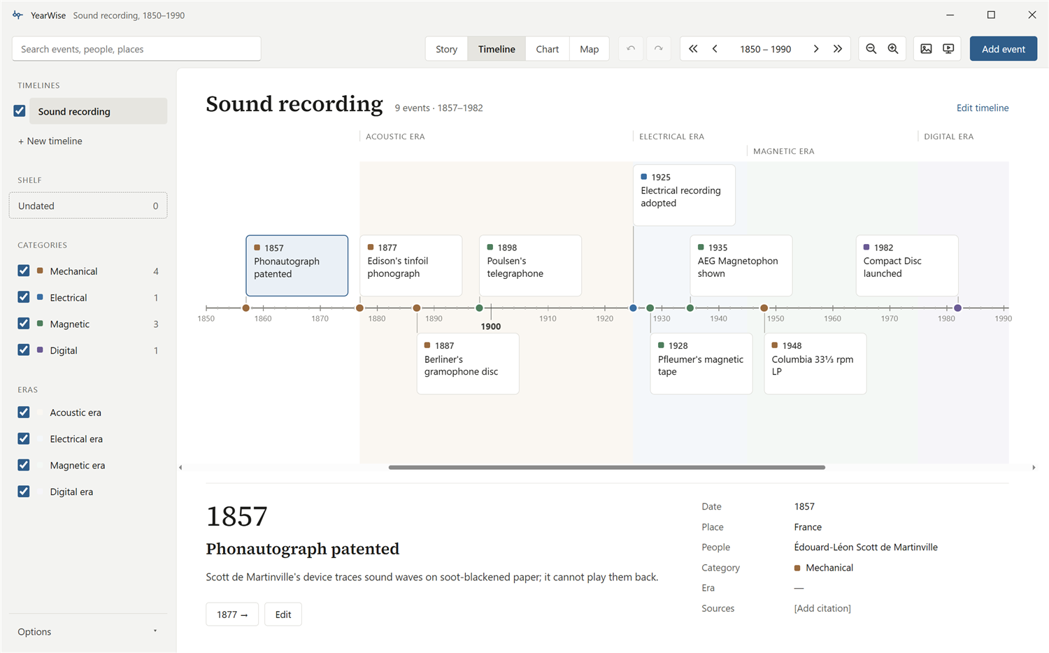 YearWise showing a timeline called Sound recording, 1850 to 1990: event cards along a year axis, eras shaded behind them, categories on the left and the chosen entry's details below.